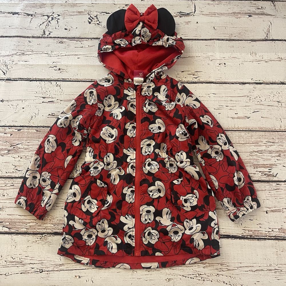 Disney Junior Girl's Red Minnie Mouse Jacket‎ With Hood Ears Bows Size 6